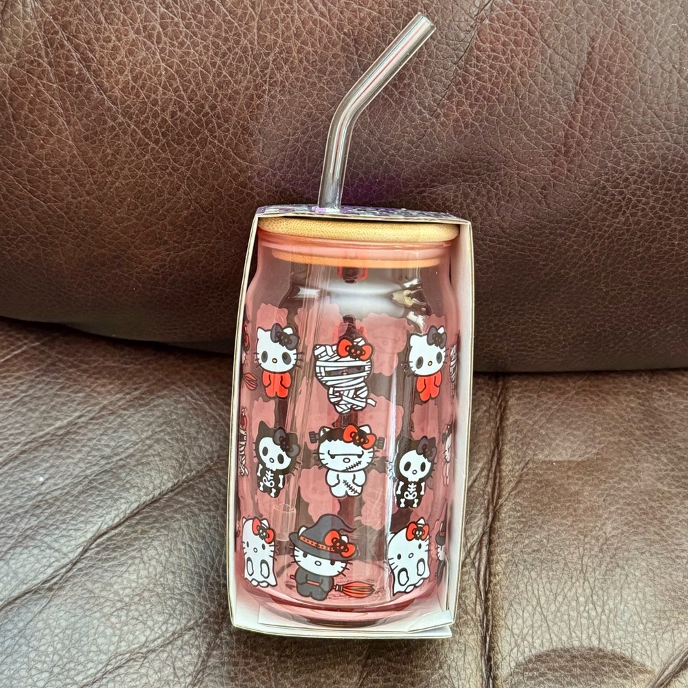 Hello Kitty Halloween Characters 16oz Pink Glass Tumbler with Bamboo Lid & Straw